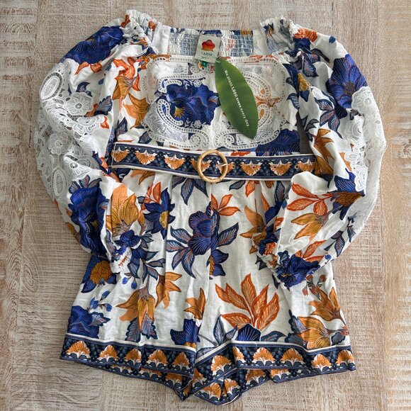 Farm Rio Yellow/Blue/White Lace Floral Romper size small NWT - Picture 4 of 15